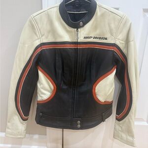 Harley-Davidson Cream and Black Leather Jacket with Orange Accents.